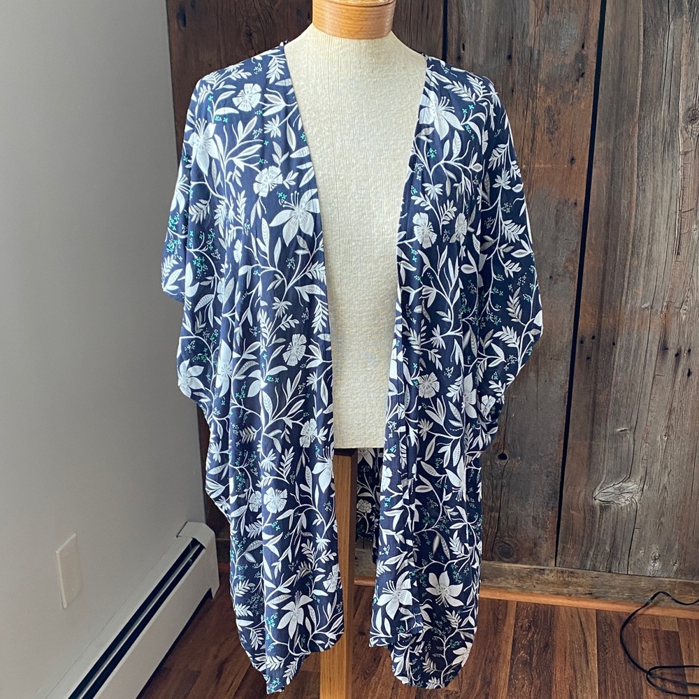 Loft Outlet navy grey teal floral kimono open front poncho NWT Sz M/L